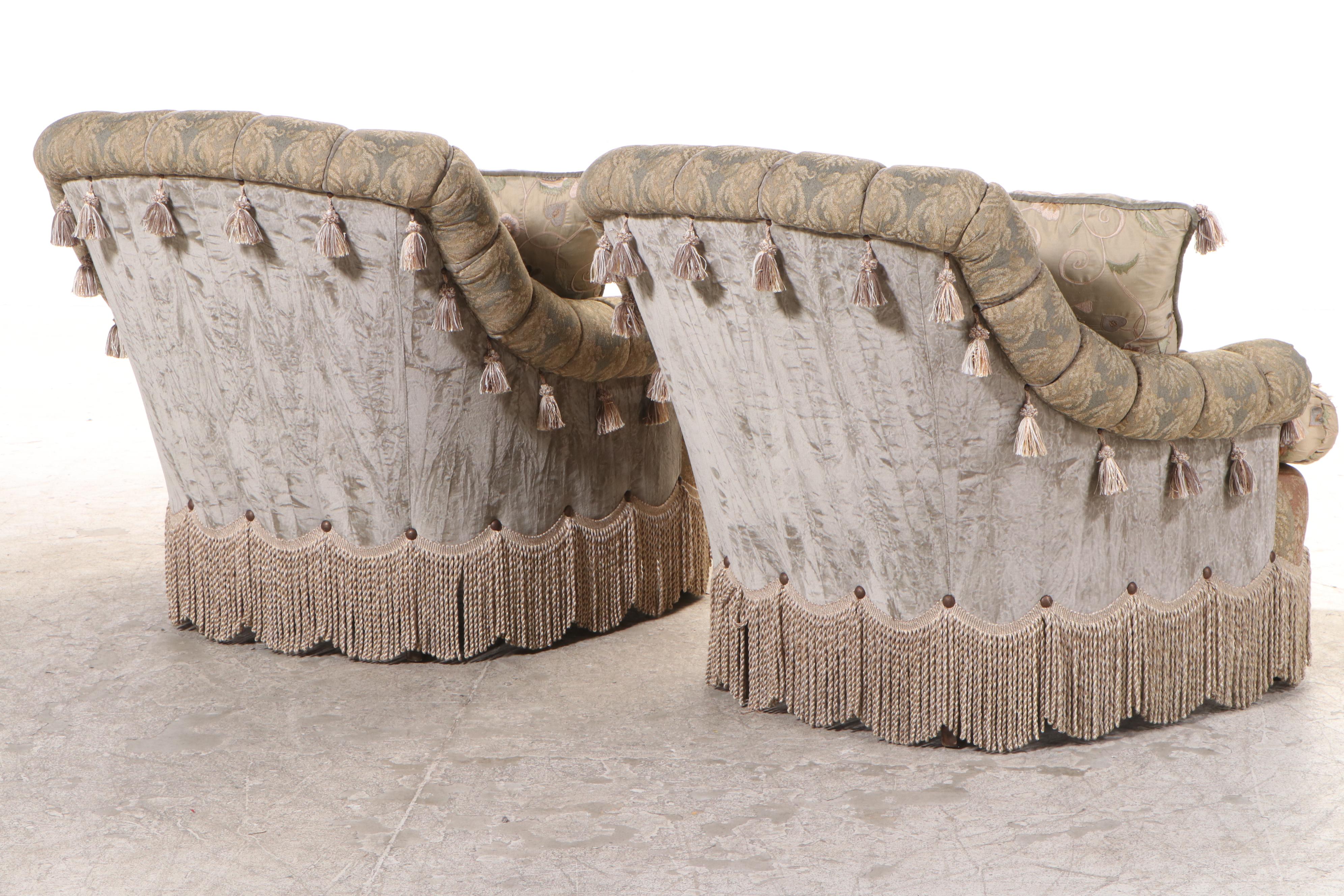 Pair of Carol Hicks Bolton and EJ Victor Custom Upholstered Chairs with Ottomans