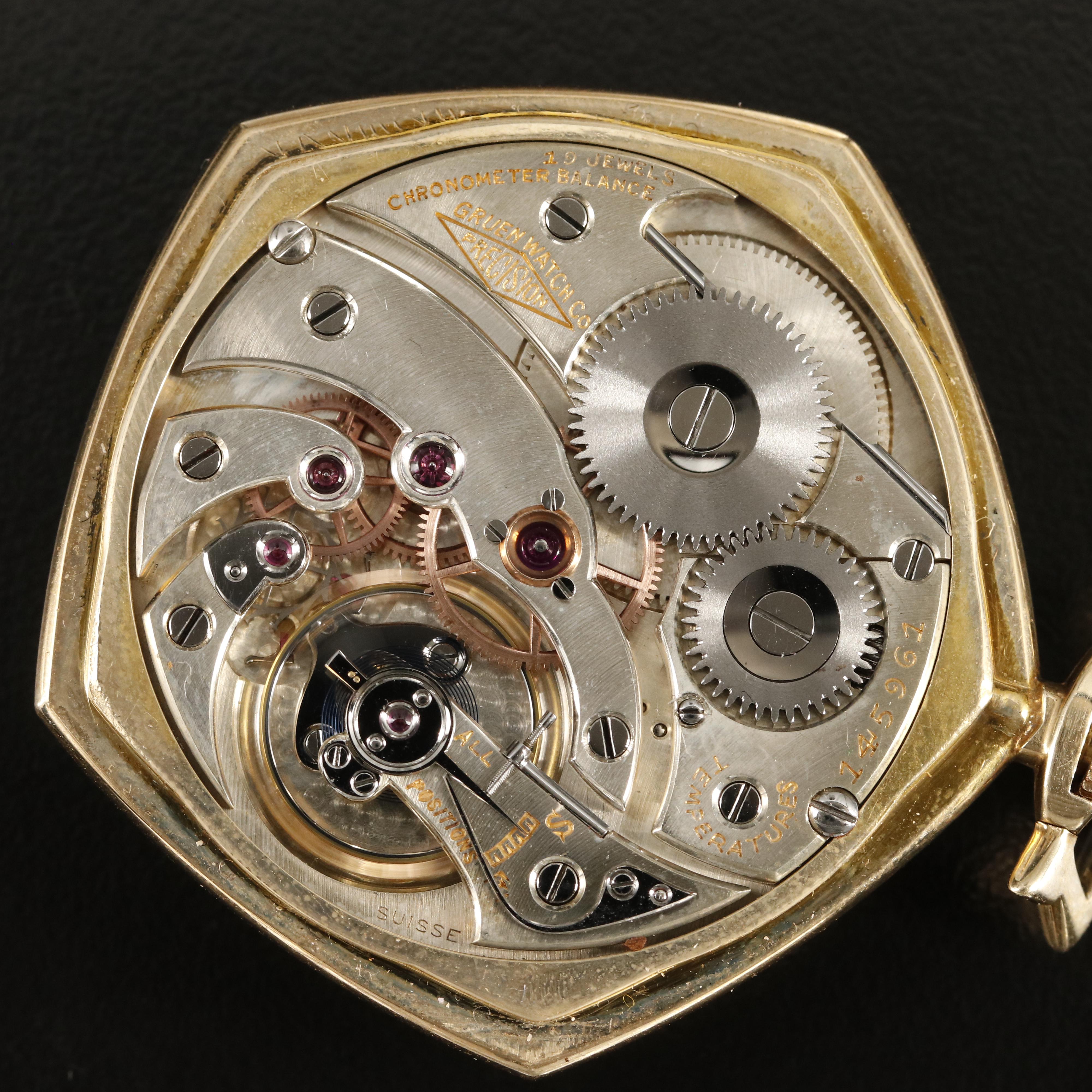 14K Gruen Veri-Thin Pocket Watch and Chain with Diamond Accented Knife Fob