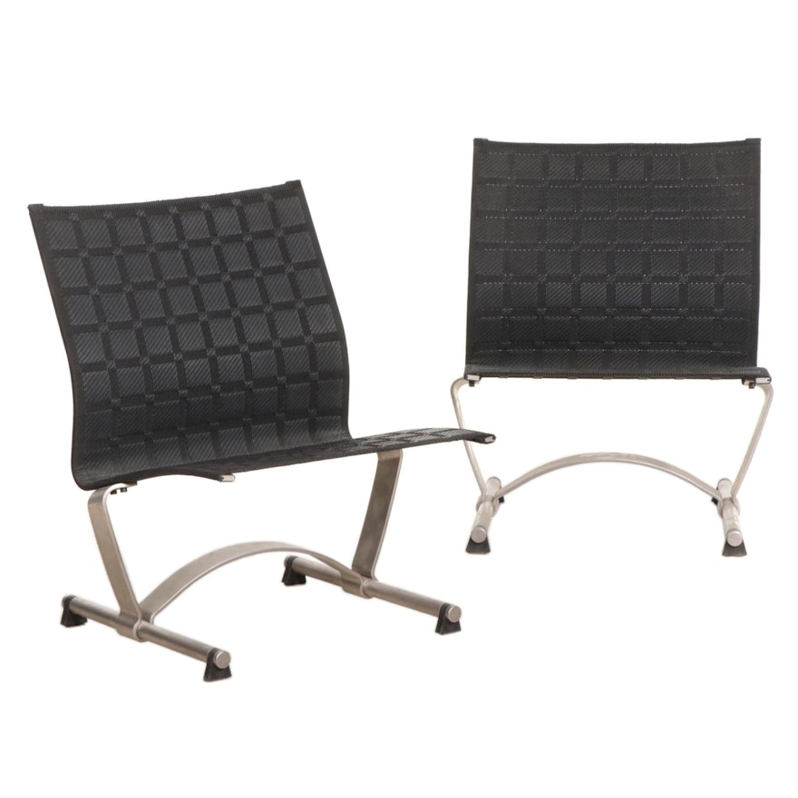 Pair of Modernist Brushed Metal and Woven Nylon Armless Lounge Chairs