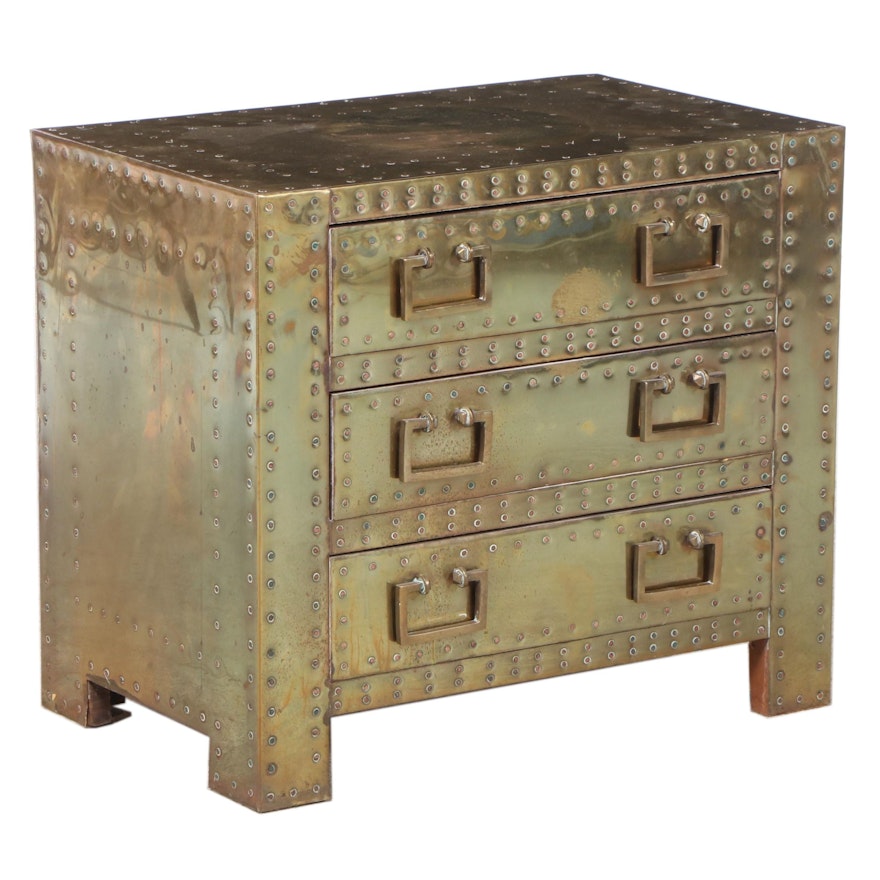 Sarreid Ltd. (Attributed) Brass-Clad and Copper-Tacked Bedside Chest, circa 1970