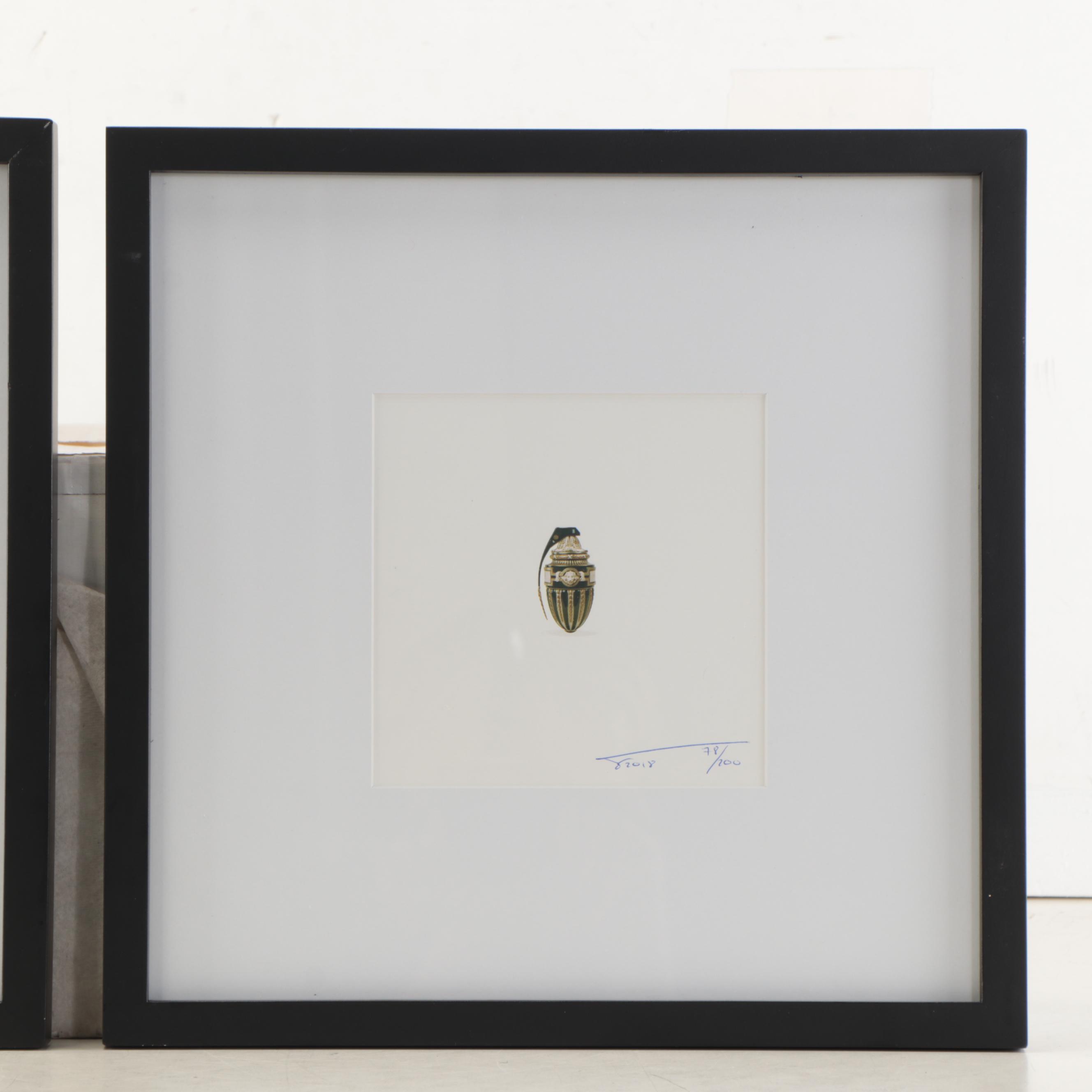 Magnus Gjoen Offset Lithographs of Skull and Grenade, 21st Century