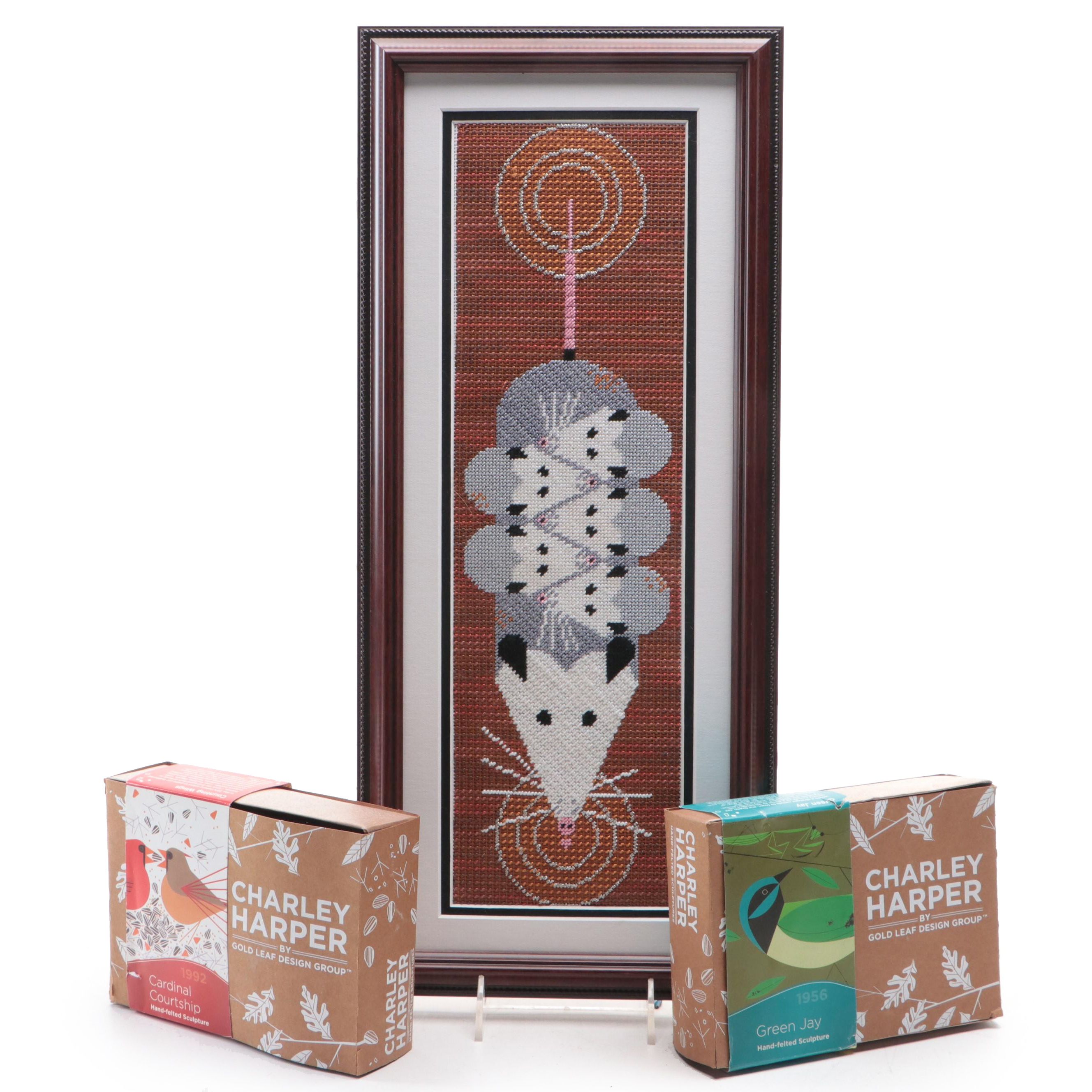 Charley Harper "Passel of Possums" Needlepoint and Harper Bird Soft Sculptures
