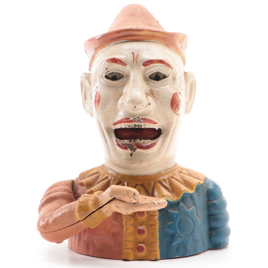 Cold-Painted Cast Iron Jester Clown Reproduction Mechanical Coin Bank