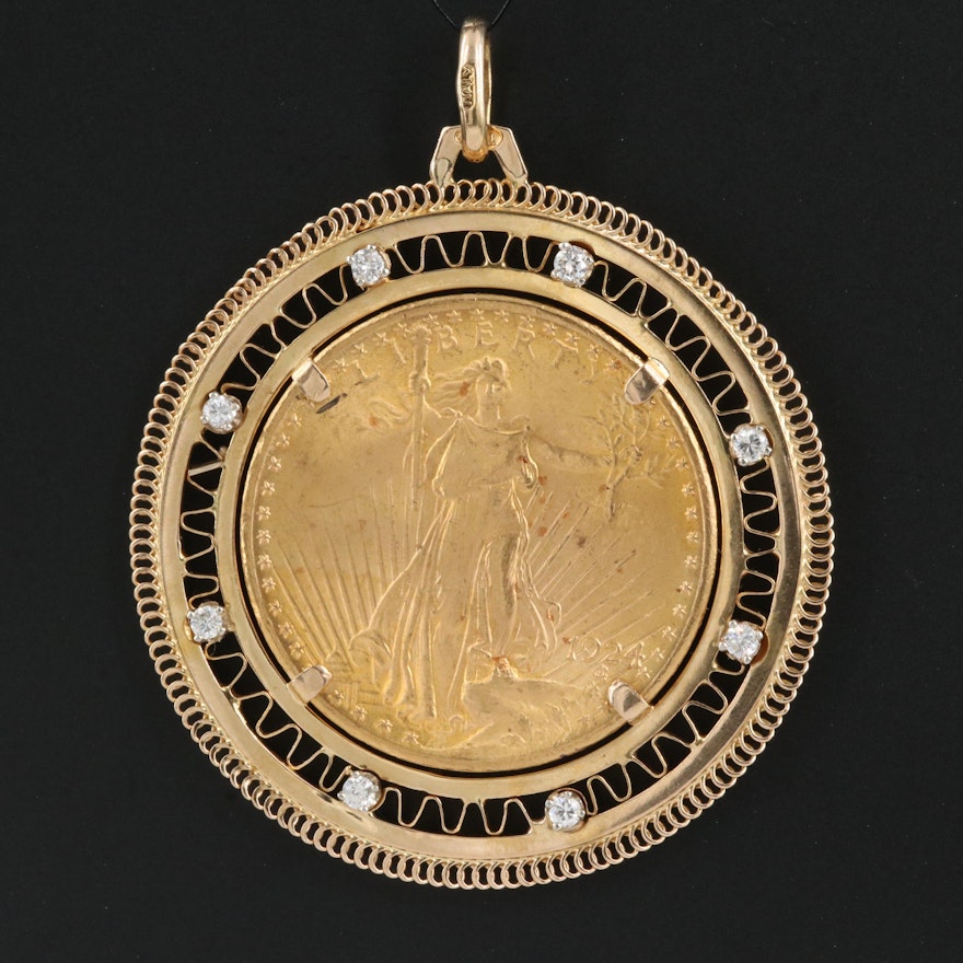 18K Pendant with 0.37 CTW Diamond and 1924 St. Gaudens $20 Gold Coin
