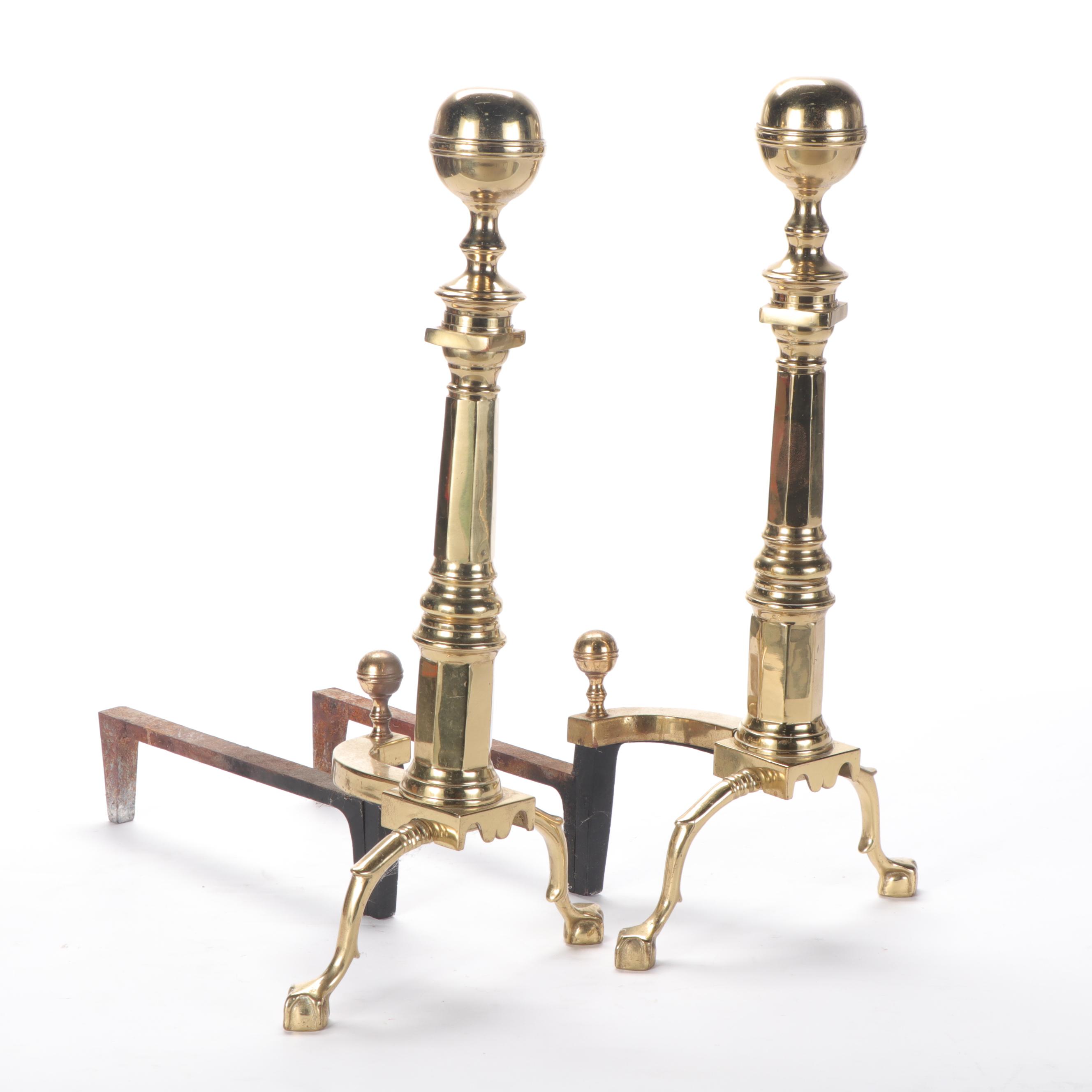 Chippendale Style Brass Cannonball Andirons  with Fender and Fire Screen