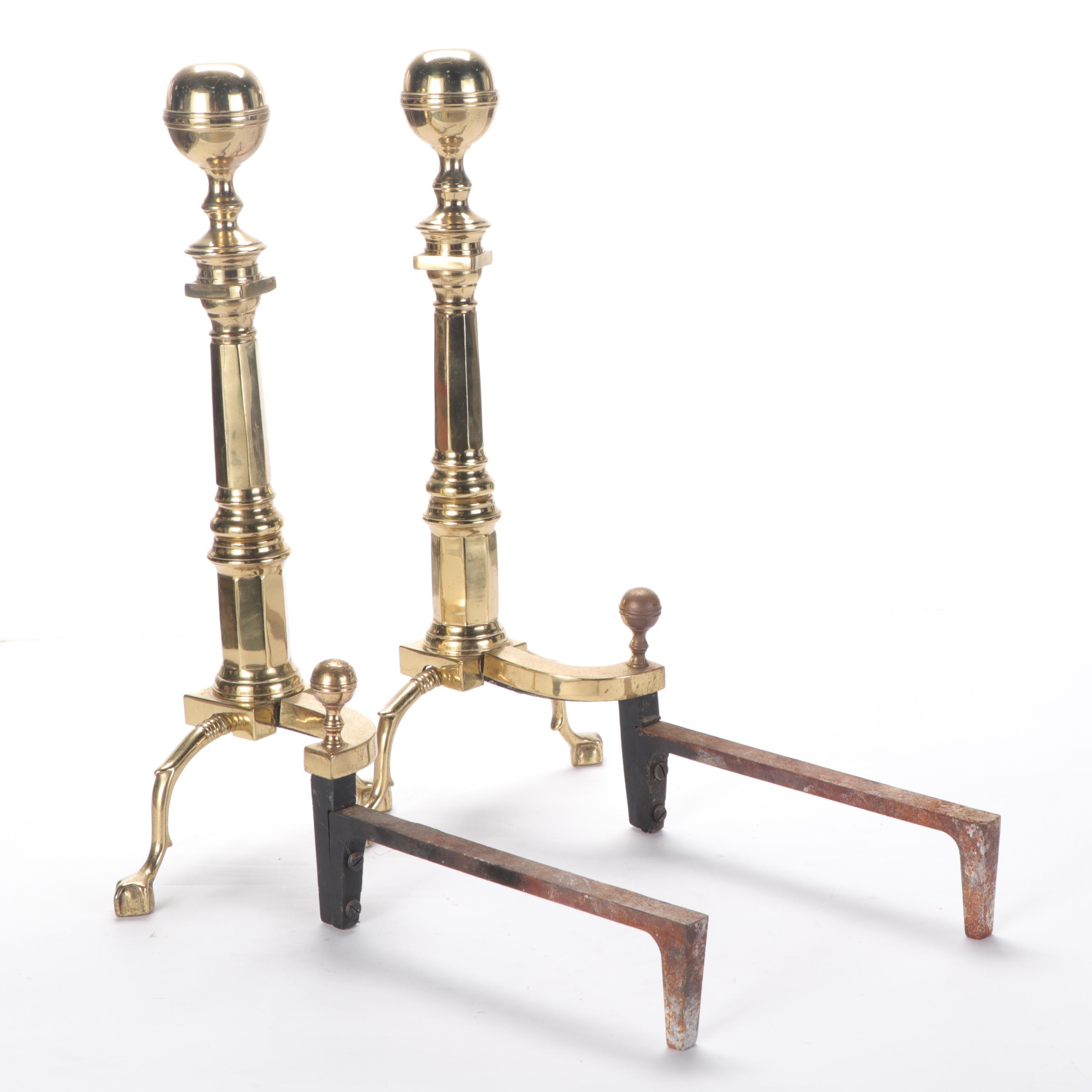 Chippendale Style Brass Cannonball Andirons  with Fender and Fire Screen