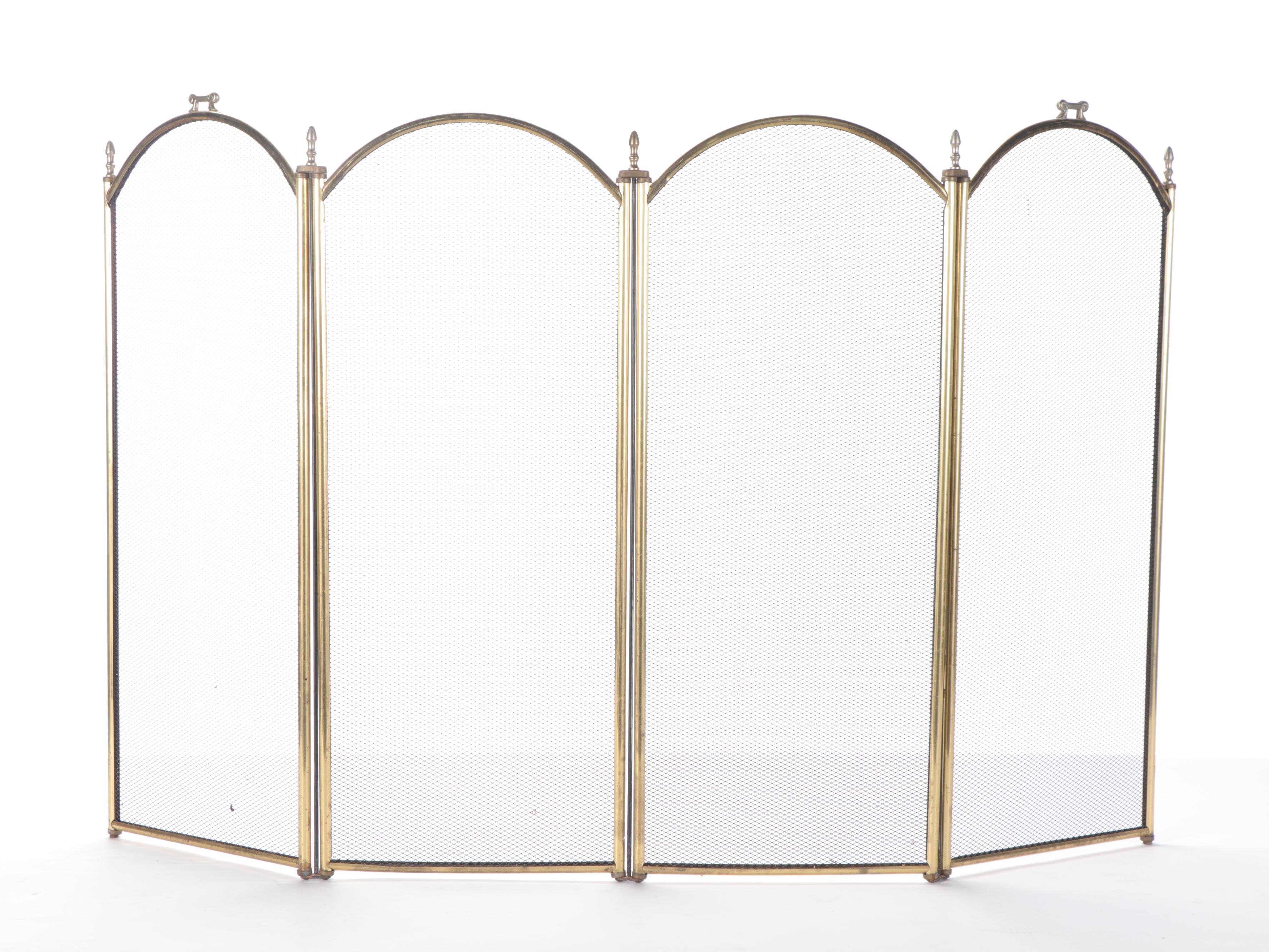 Chippendale Style Brass Cannonball Andirons  with Fender and Fire Screen