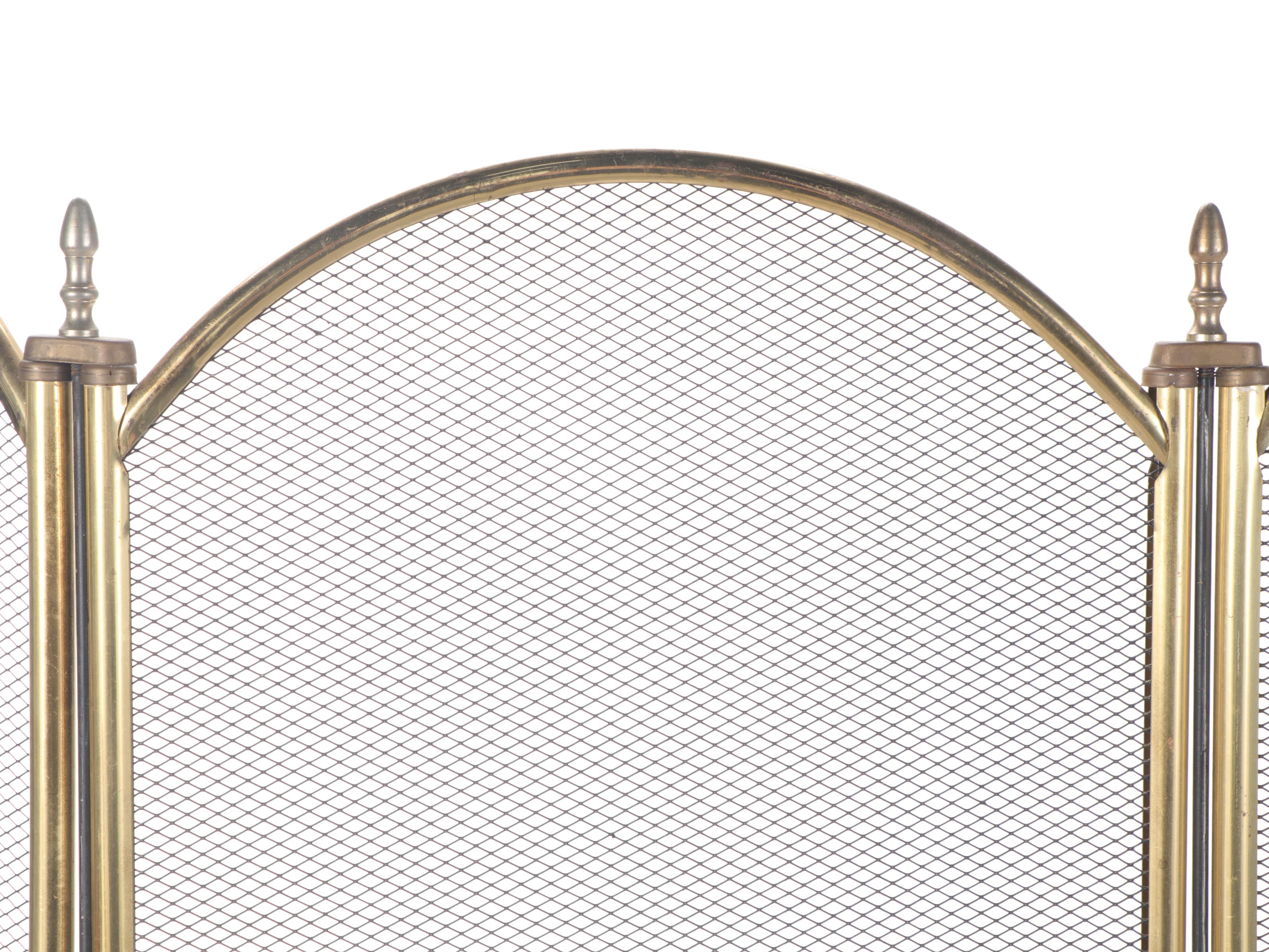 Chippendale Style Brass Cannonball Andirons  with Fender and Fire Screen