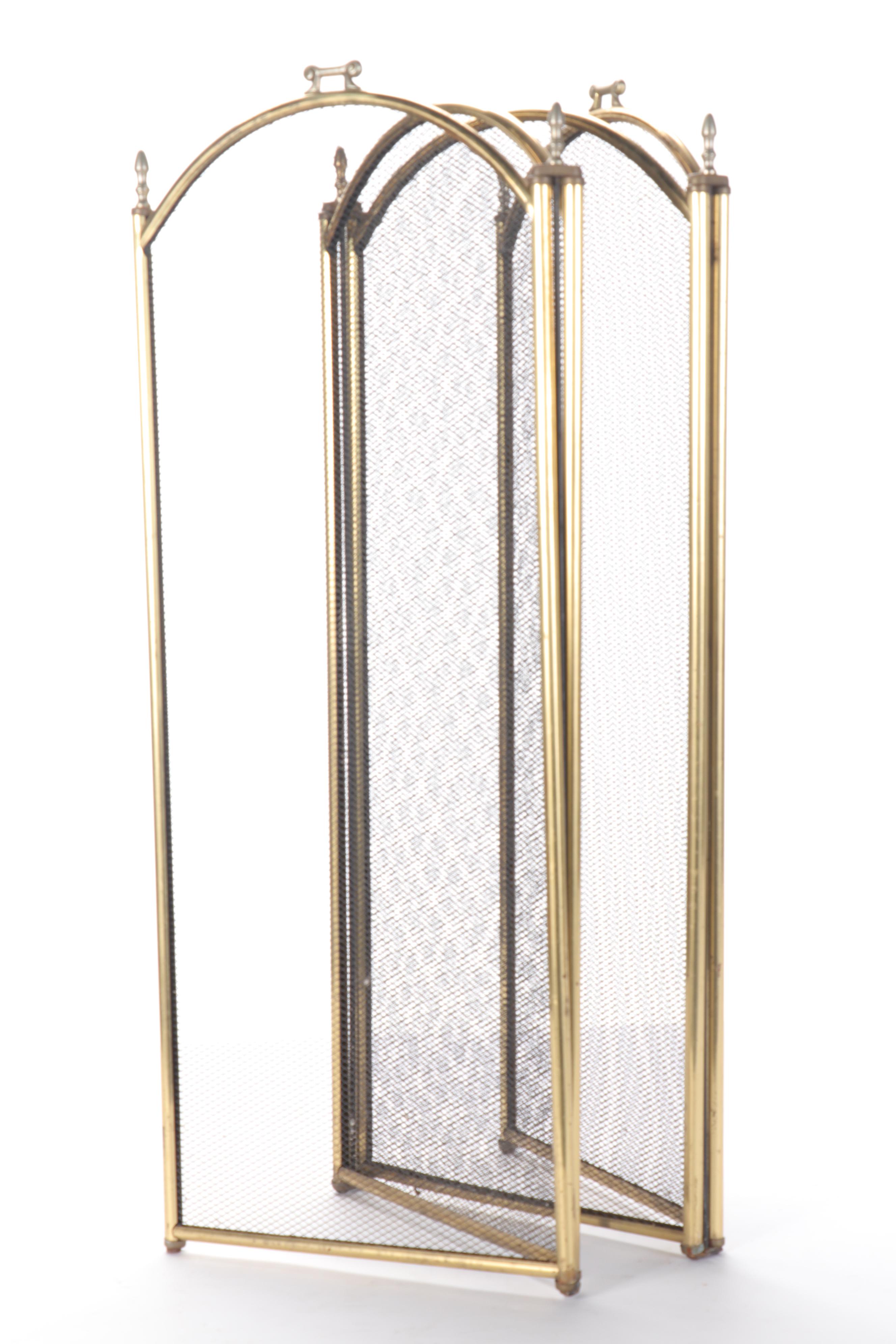 Chippendale Style Brass Cannonball Andirons  with Fender and Fire Screen