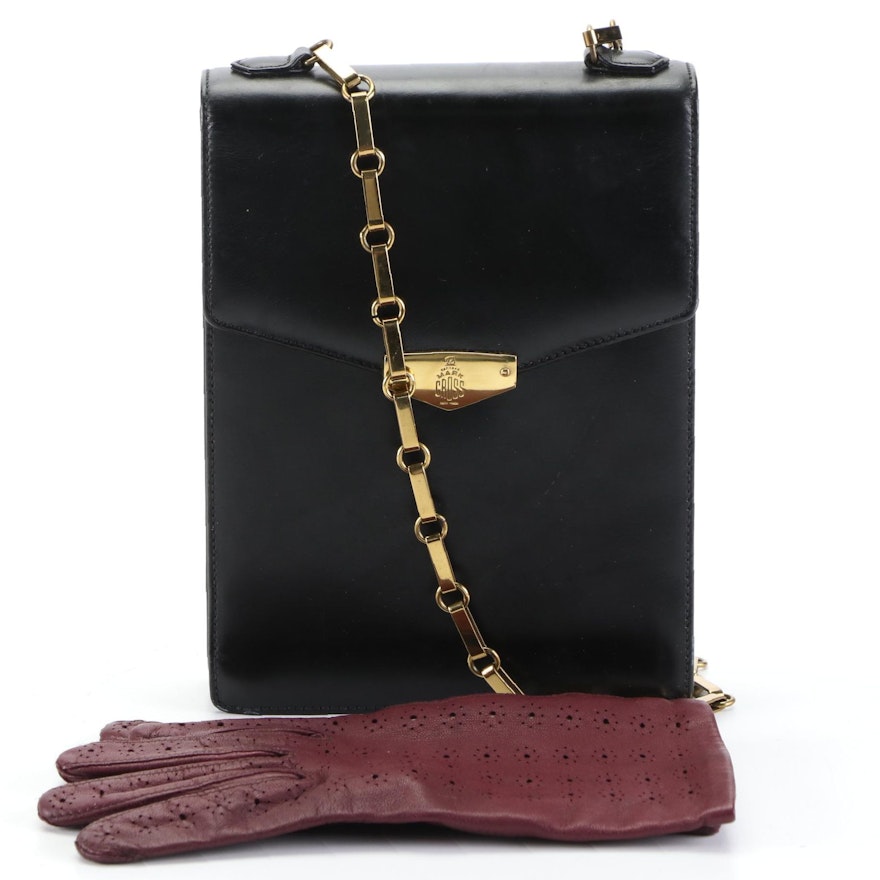 Mark Cross Accordion-Style Flap Bag in Black Leather and Lambskin Gloves