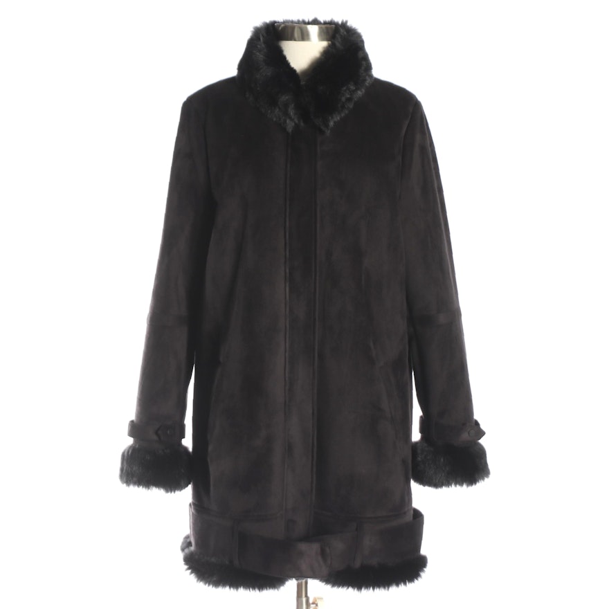 Adolfo Dominguez Coat in Microsuede with Faux Fur Lining and Trim