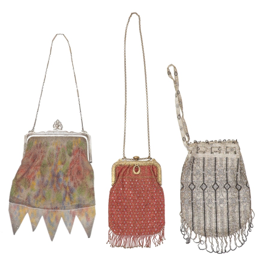 Whiting & Davis Abstract Floral Mesh and Art Deco Steel Cut Micro Beaded Bags