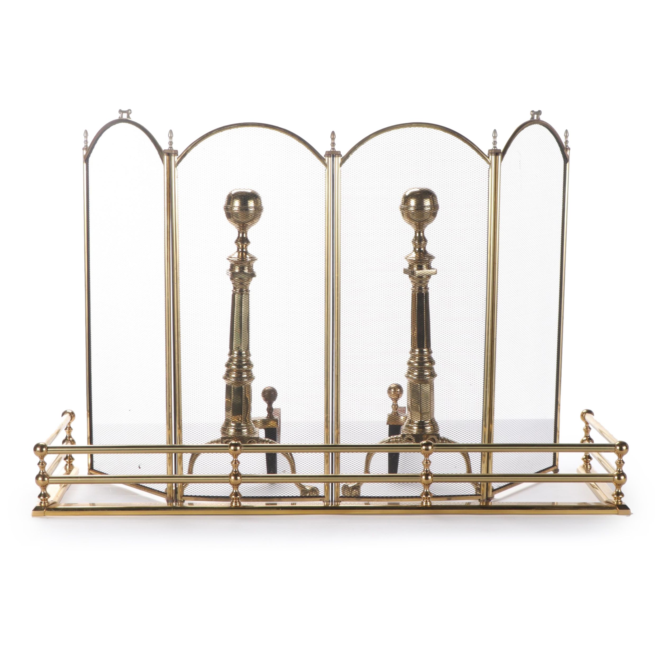 Chippendale Style Brass Cannonball Andirons  with Fender and Fire Screen