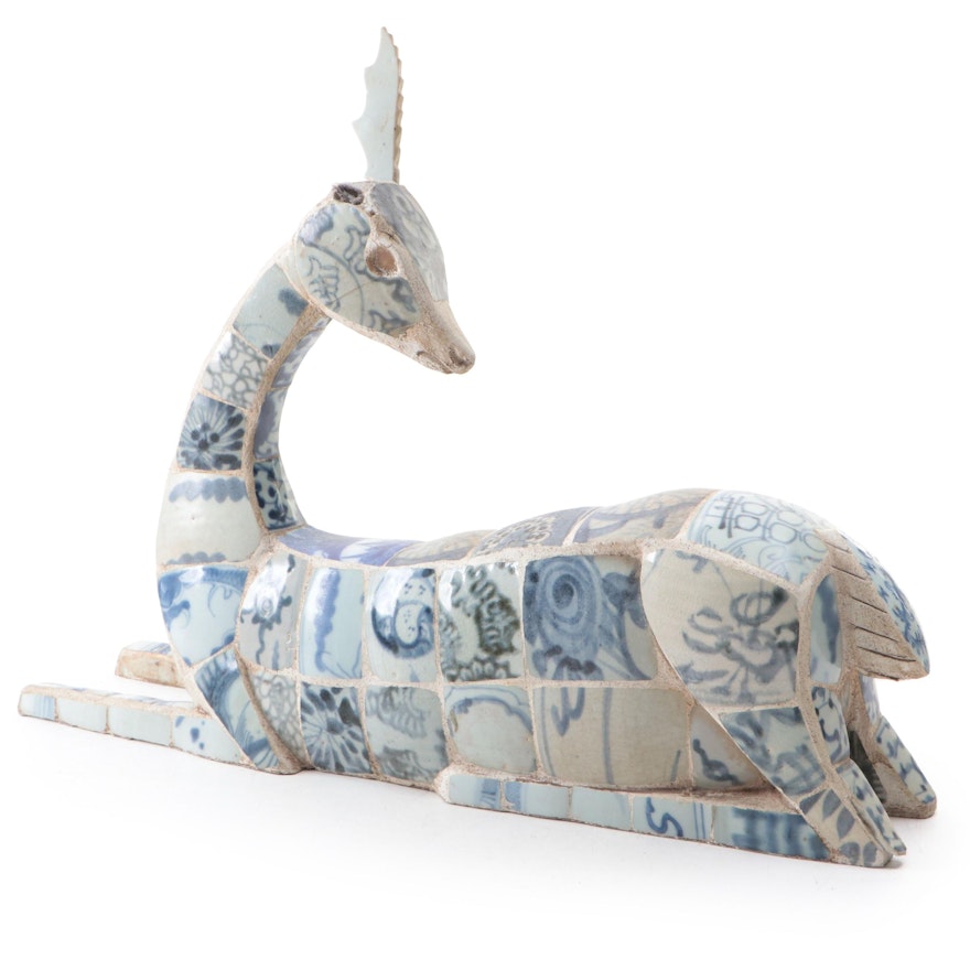Chinese Style Deer Decorated with Blue and White Porcelain Shards