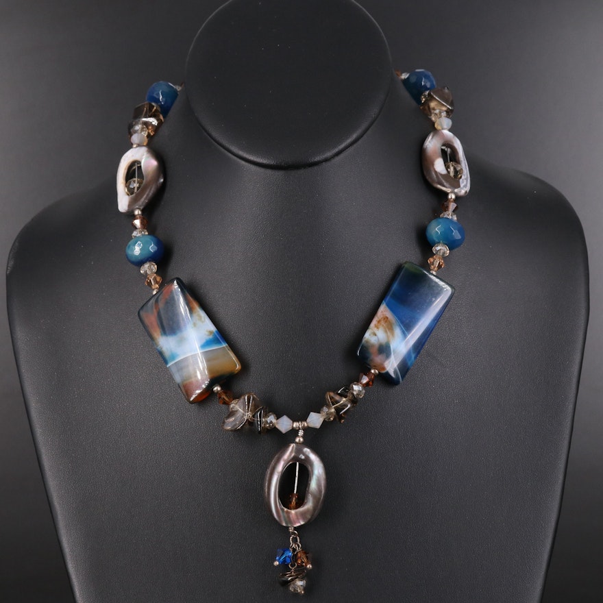 Sterling Agate, Shell and Glass Necklace
