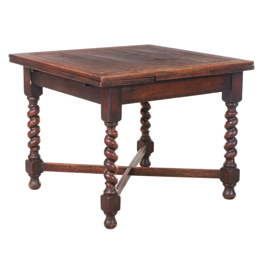 Charles II Style English Oak Draw-Leaf Dining Table with Barley-Twist Legs