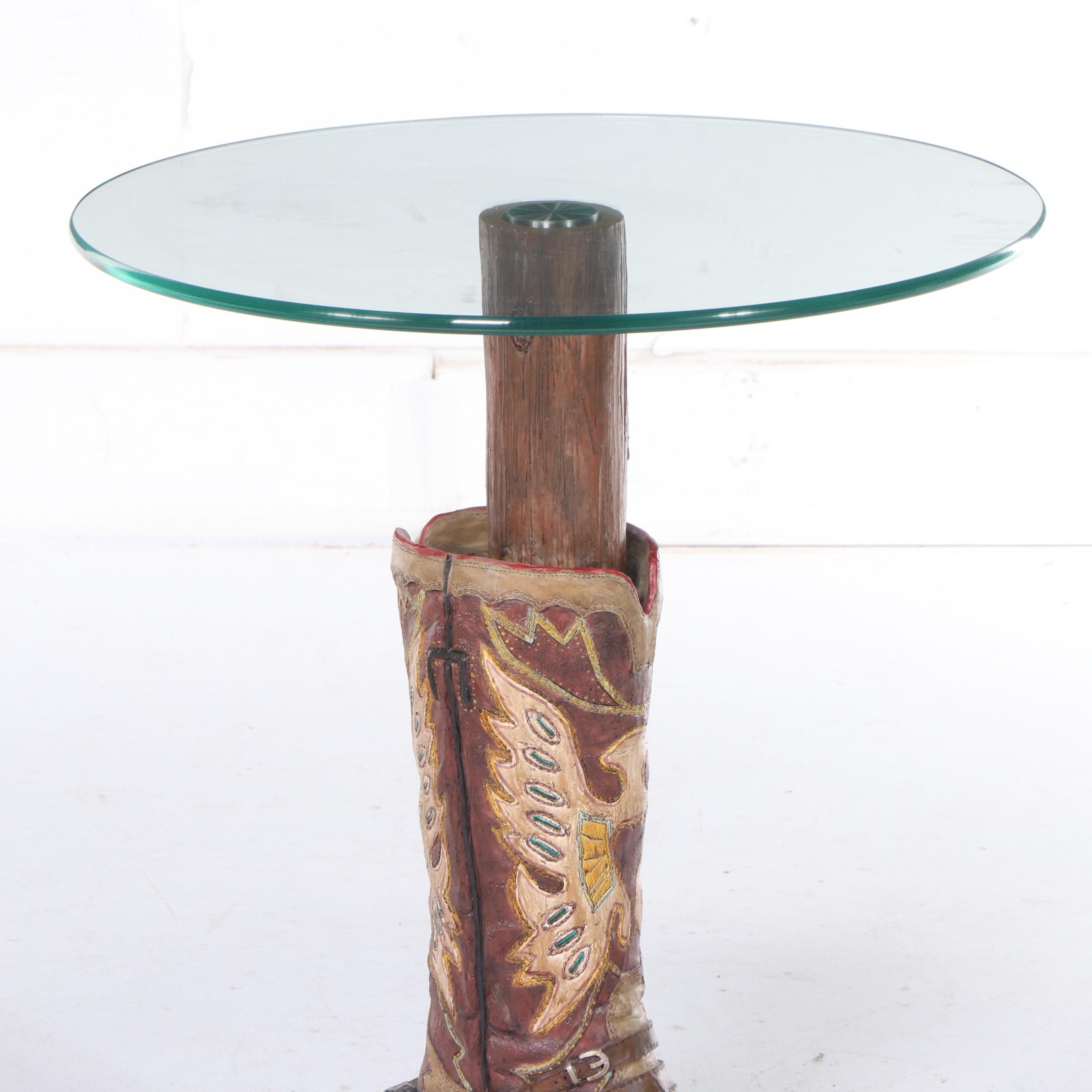 Composite and Glass-Top Cowboy Boot Motif End Table