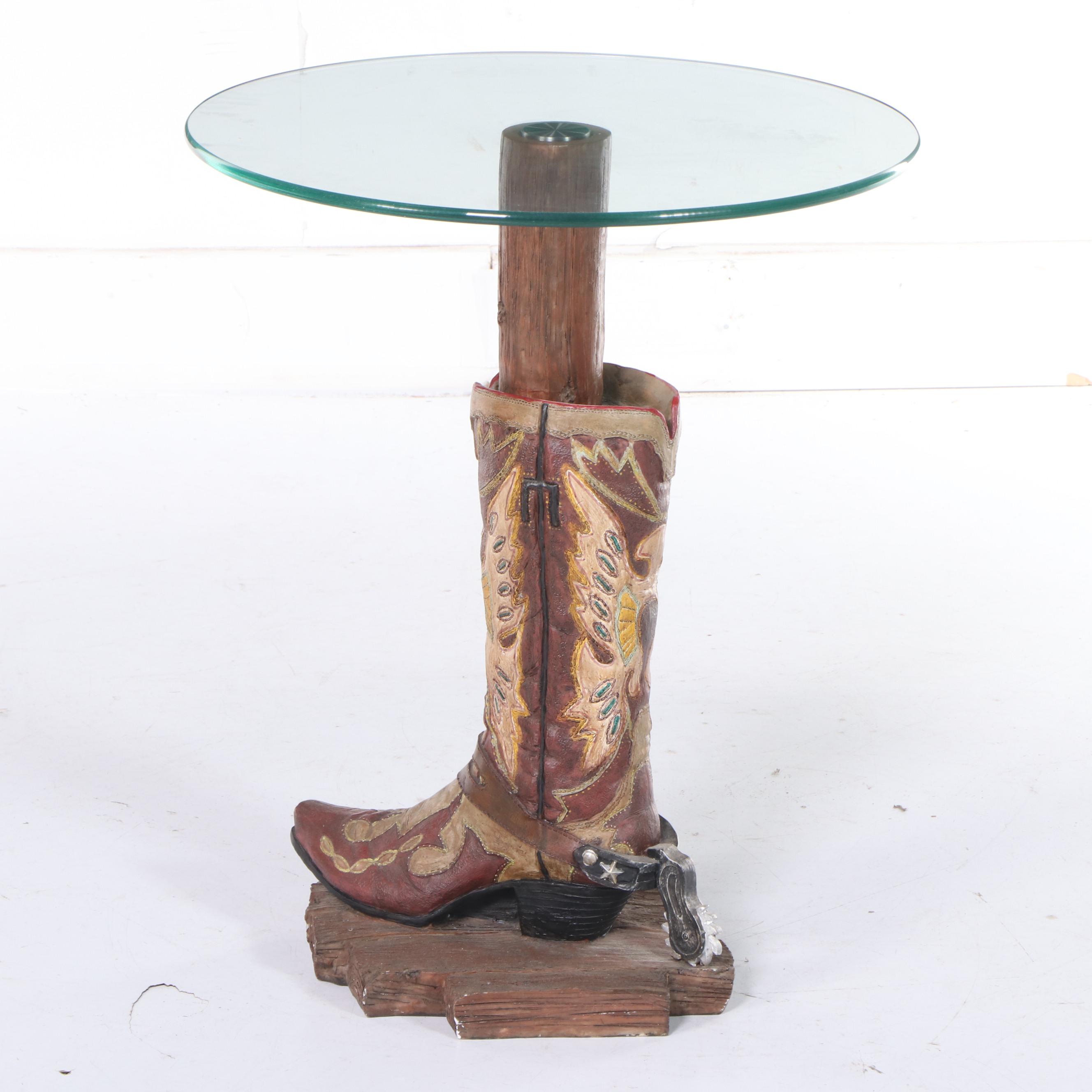 Composite and Glass-Top Cowboy Boot Motif End Table
