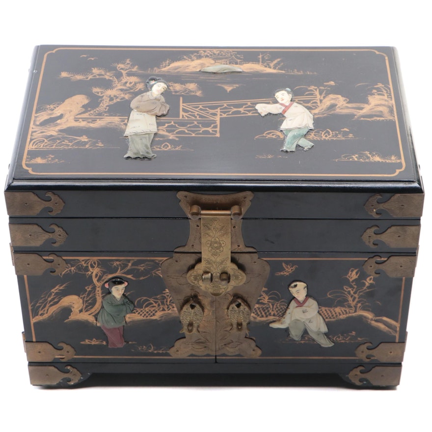 Chinese Brass Mounted Lacquerware Jewelry Box, Late 20th Century