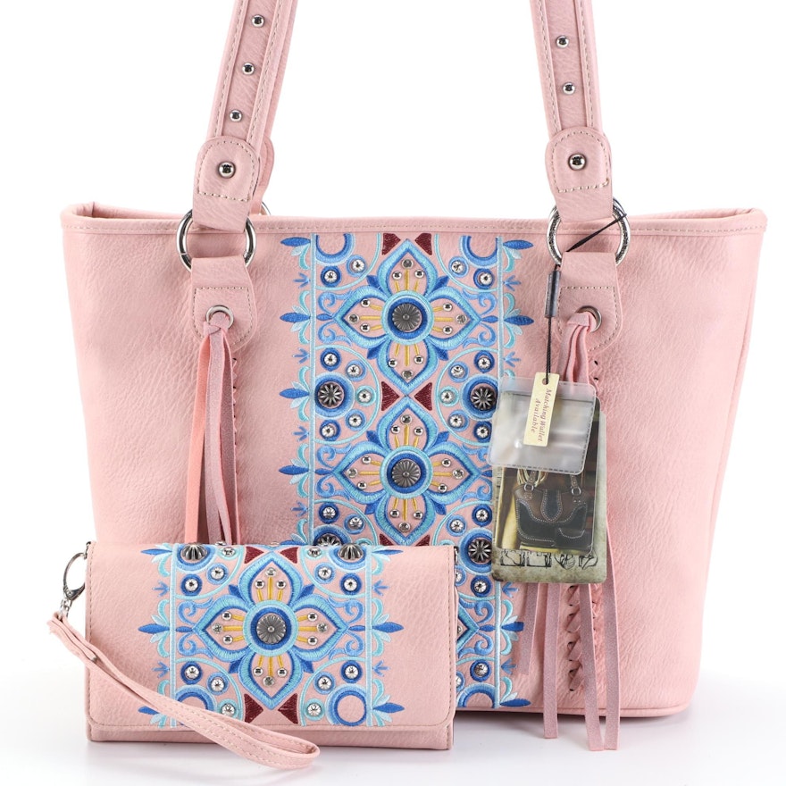 Montana West Embroidered and Studded Tote with Matching Wallet Clutch