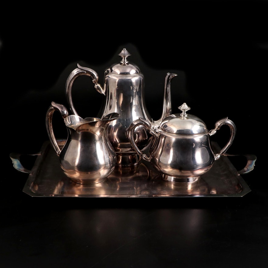 Christofle Tea and Coffee Pots with Pitcher and Wiskemann Tray, Early 20th C.