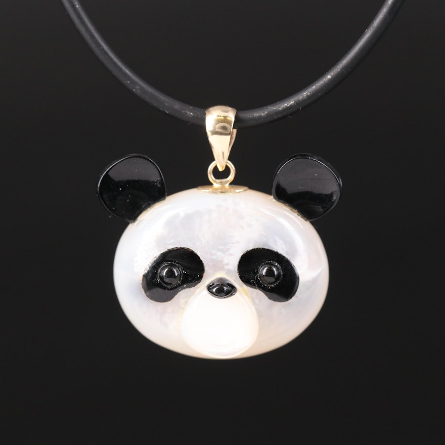 14K Black Onyx and Mother-of-Pearl Panda Pendant Necklace