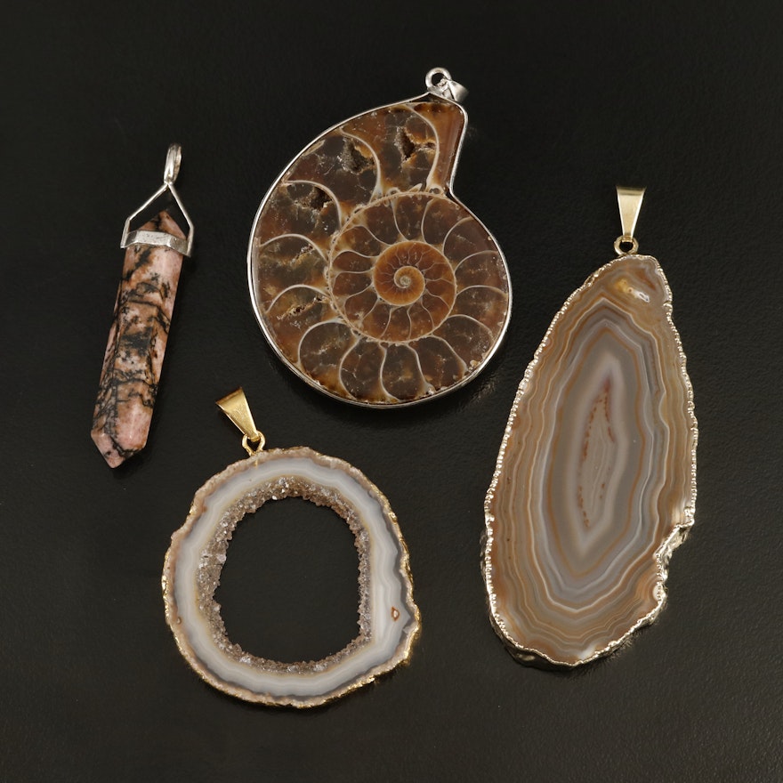 Ammonite, Agate and Rhodonite Pendants Including Sterling