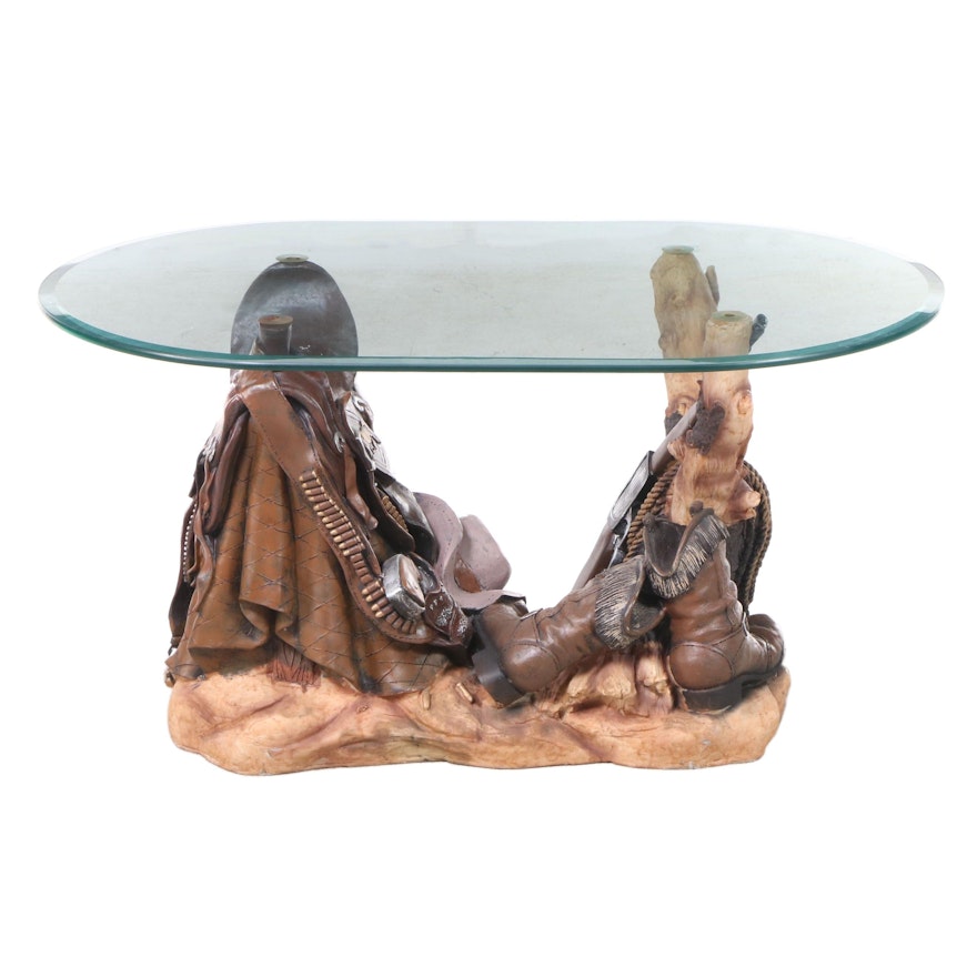 Glass Top Cast Composite Western Themed Coffee Table