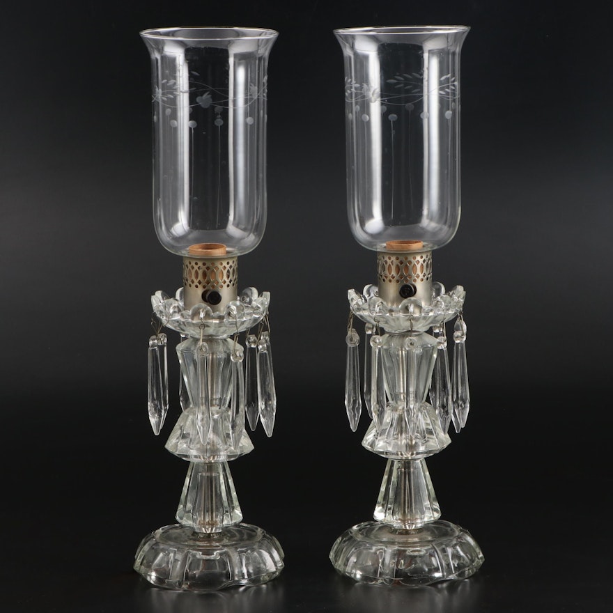 Pair of Pressed and Etched Glass Mantle Luster Lamps, Adapted Mid-20th Century