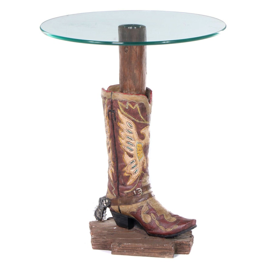 Composite and Glass-Top Cowboy Boot Motif End Table