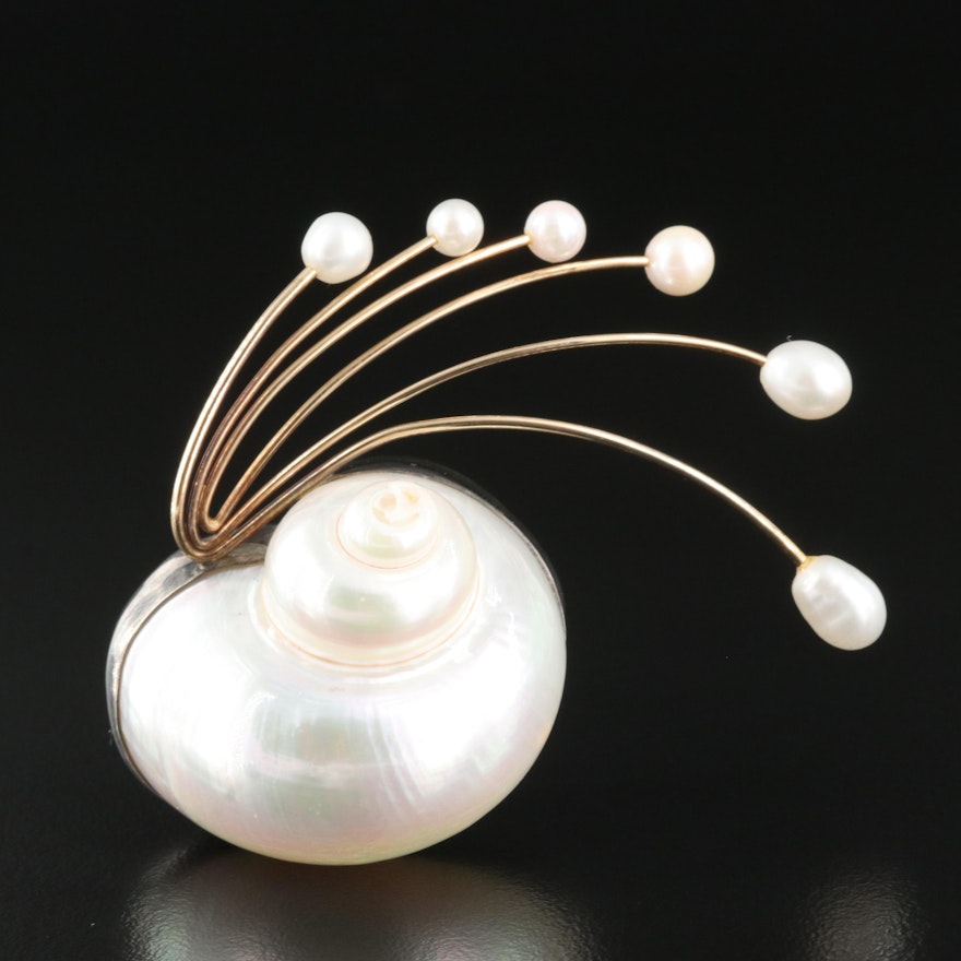 1987 Betsy Fuller Sterling, 14K, Shell and Pearl Spray Brooch