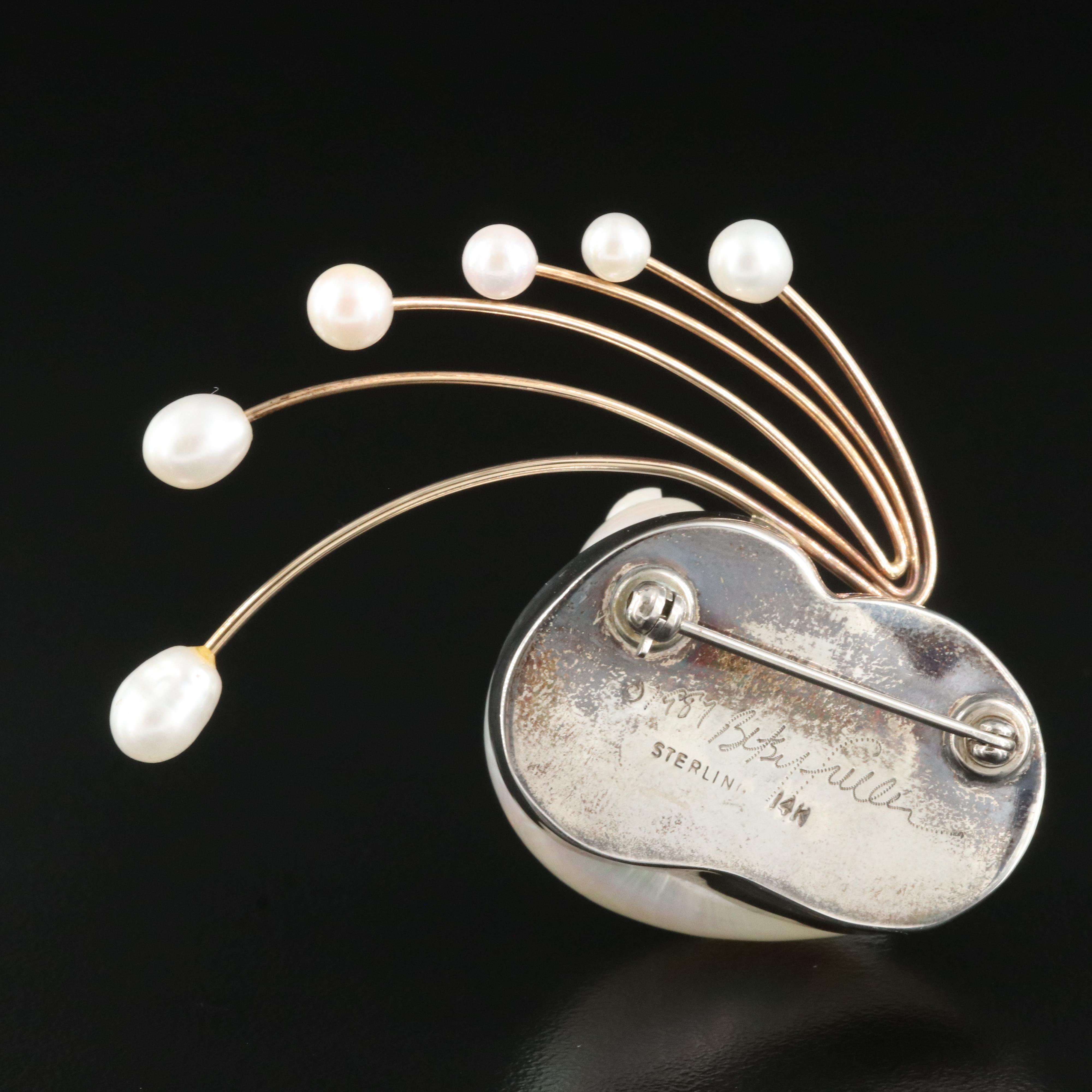 1987 Betsy Fuller Sterling, 14K, Shell and Pearl Spray Brooch