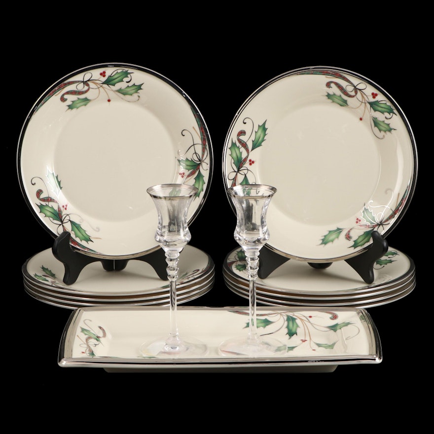 Lenox "Holiday Nouveau" Porcelain Plates and Tray With Mikasa Candle Holders