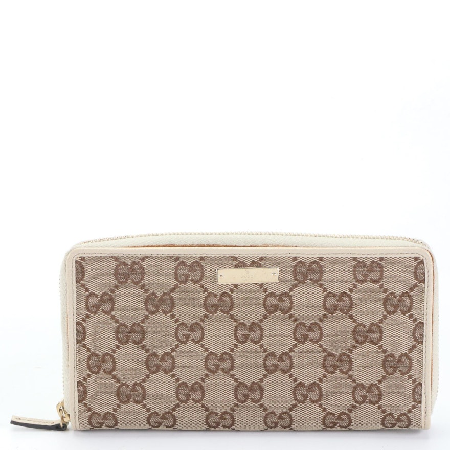 Gucci Zip-Around Wallet in Tan GG Canvas and Ivory Cinghiale Leather
