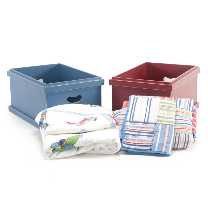 Pottery Barn Kids Cotton Quilts and Pillow Shams with Wooden Storage Boxes