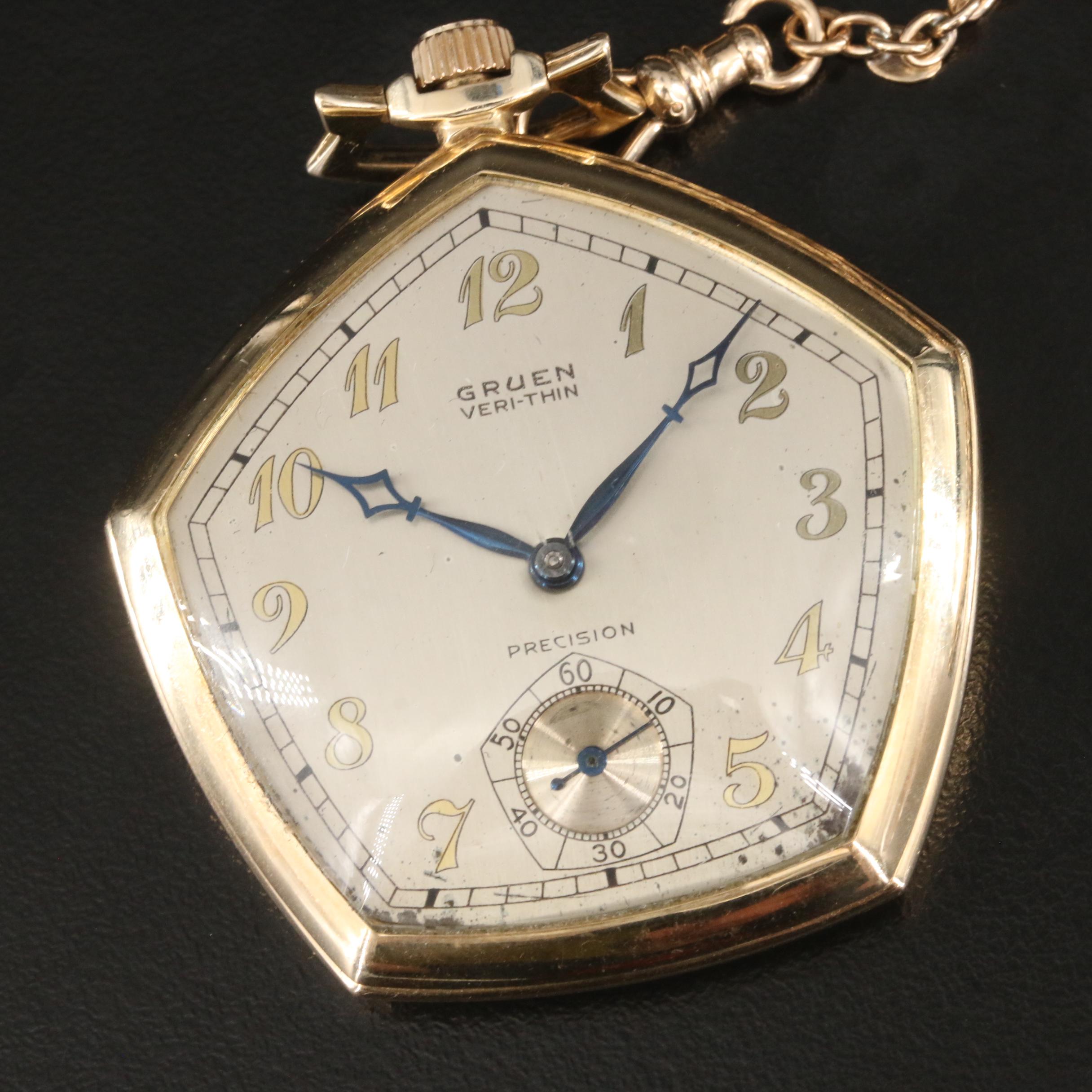 14K Gruen Veri-Thin Pocket Watch and Chain with Diamond Accented Knife Fob