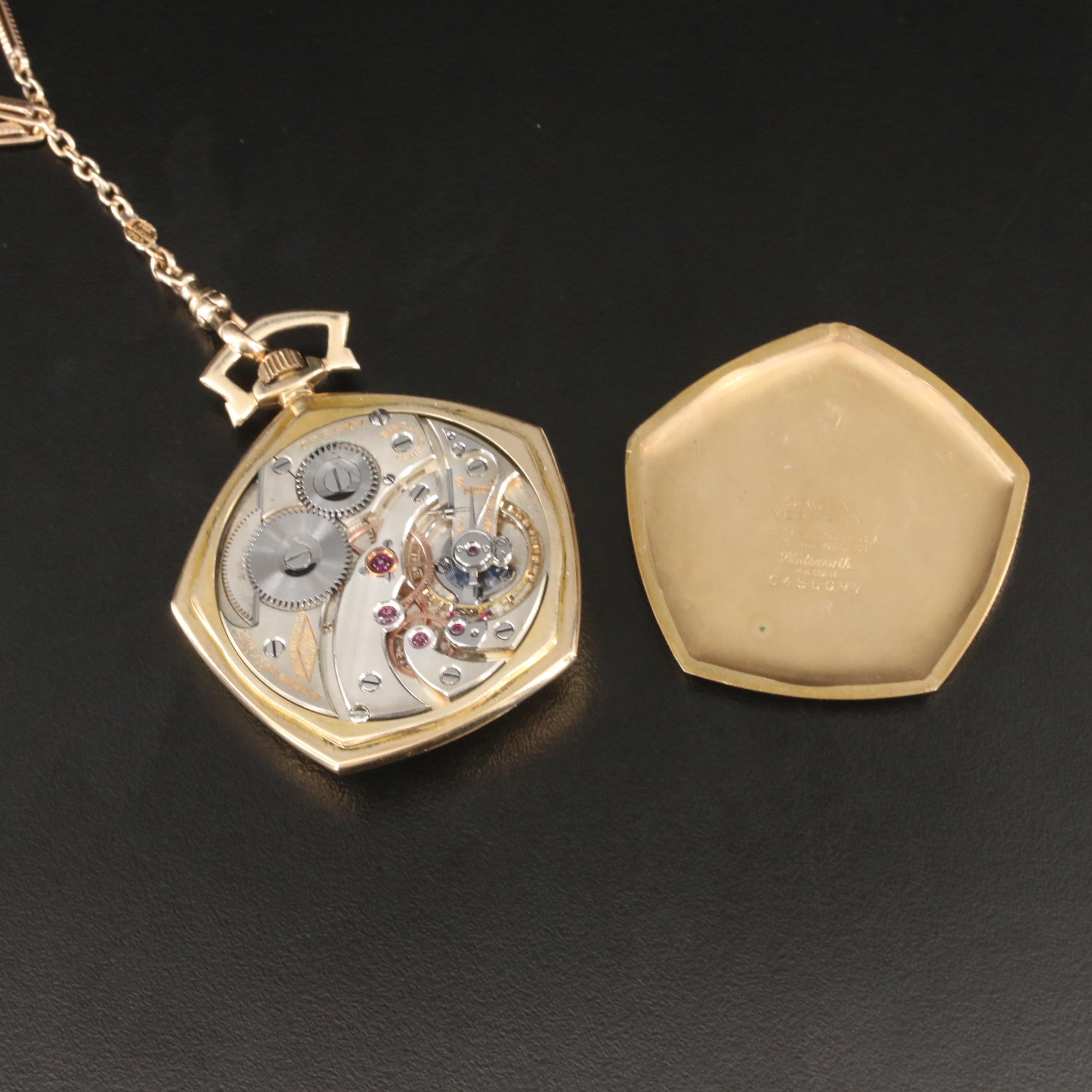 14K Gruen Veri-Thin Pocket Watch and Chain with Diamond Accented Knife Fob