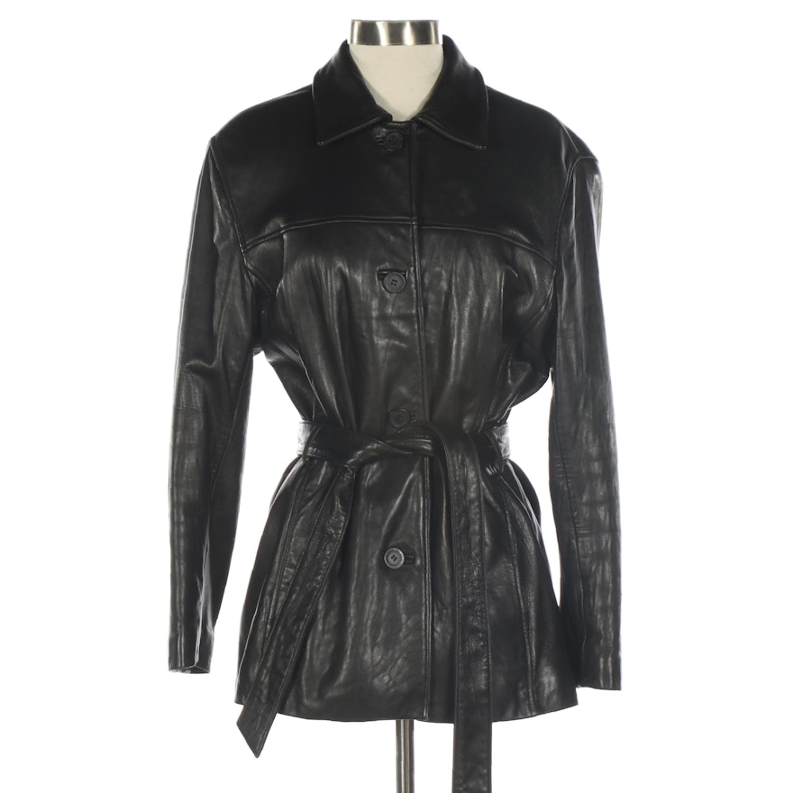 Adler Collection Black Leather Button-Front Jacket with Tie Belt