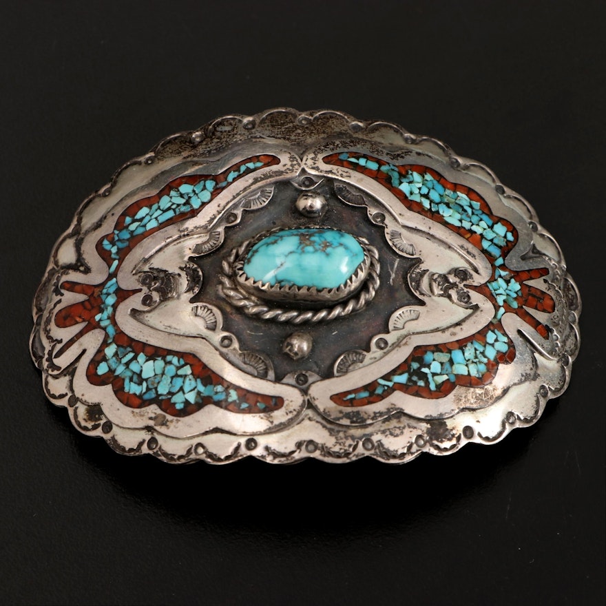 Sterling Silver and Turquoise Southwestern Style Belt Buckle with Chip Inlay