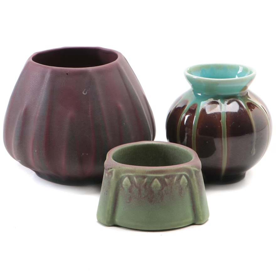Rookwood Pottery and Van Briggle Pottery Glazed Ceramic Vases and Match Holder