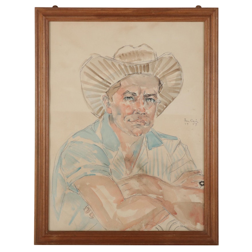 Jon Erin Portrait Watercolor Painting of Man Wearing Cowboy Hat, 1957