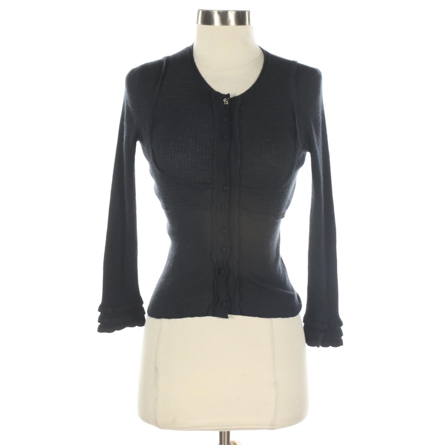 Louis Vuitton Rib Knit Cardigan with Ruffle Trim in Cashmere and Silk Blend