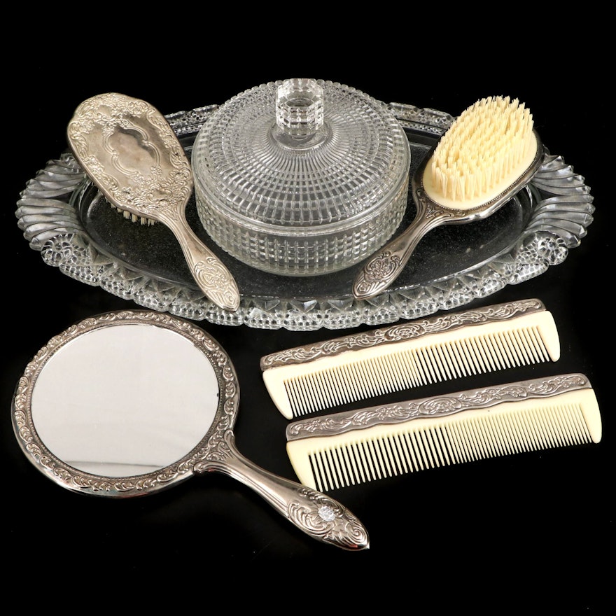 Silver Plate Mirror, Brushes, and Combs with Glass Vanity Tray and Box