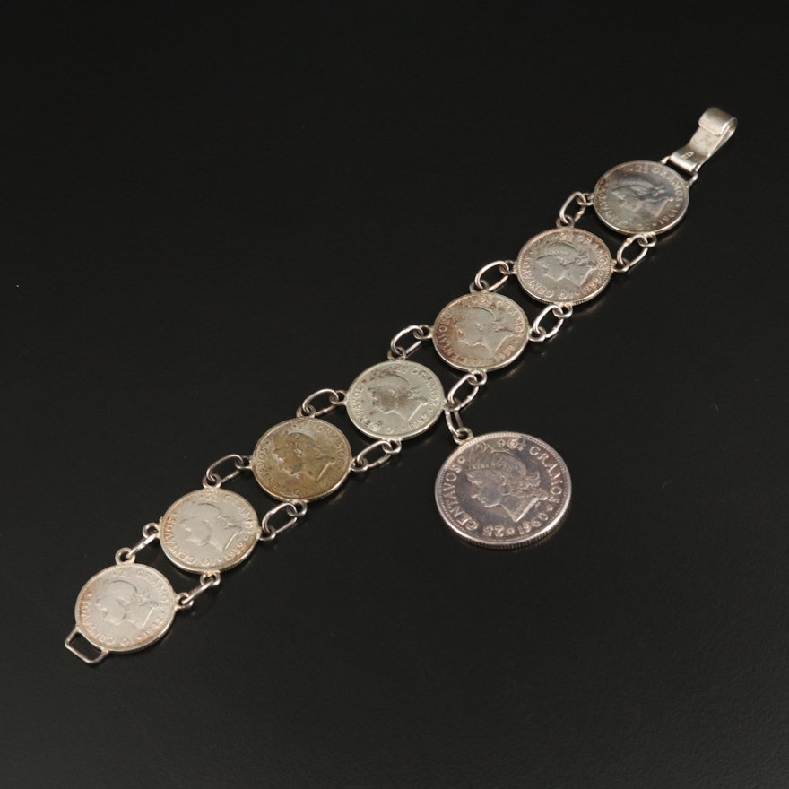 Sterling Bracelet with Dominican Republic 10-Centavos and 25-Centavos Coins