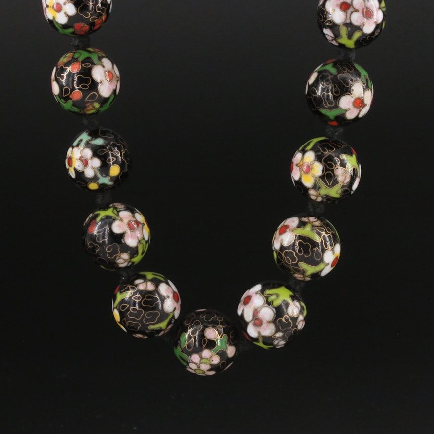 Vintage Cloisonné Glass Floral Bead Necklace