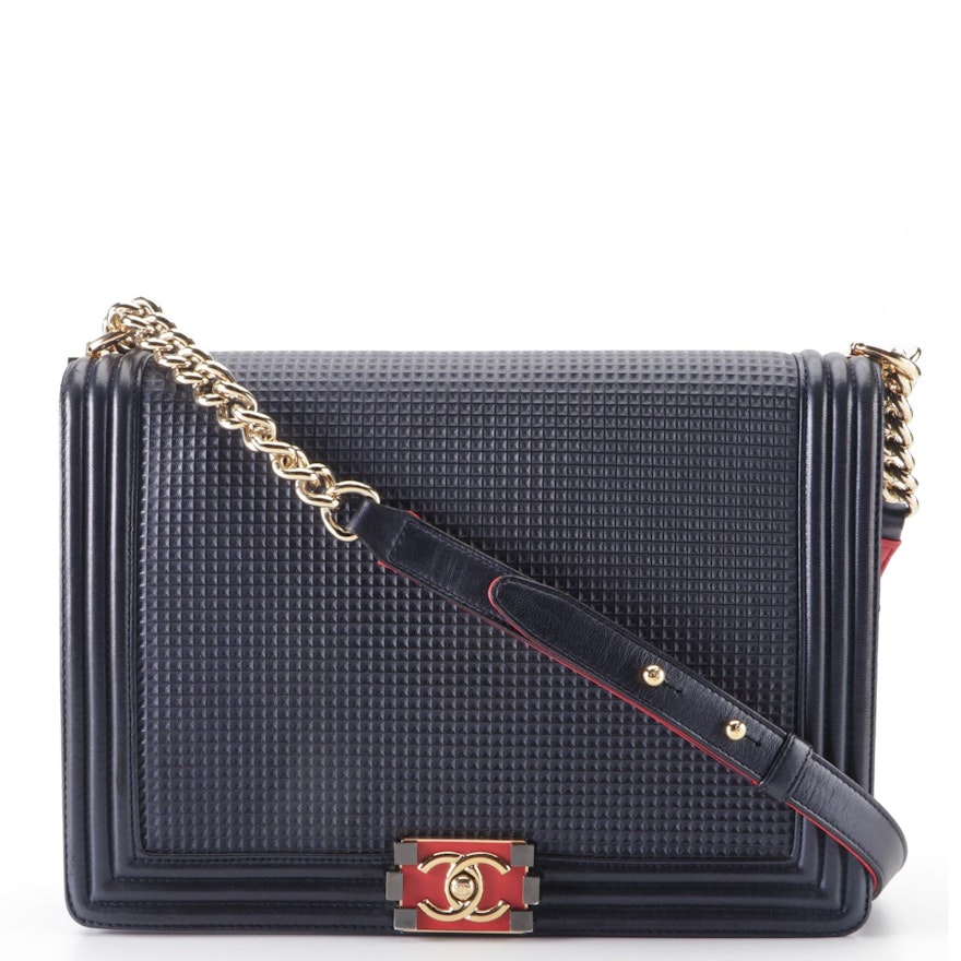 Chanel Large Flap Boy Bag in Cube-Embossed Dark Blue Lambskin Leather