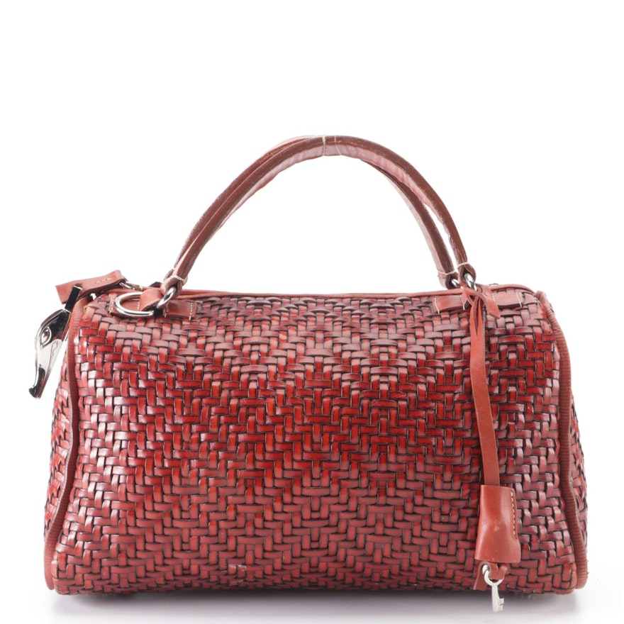 Barry Kieselstein-Cord Boston Bag in Red Woven Leather with Shoulder Strap