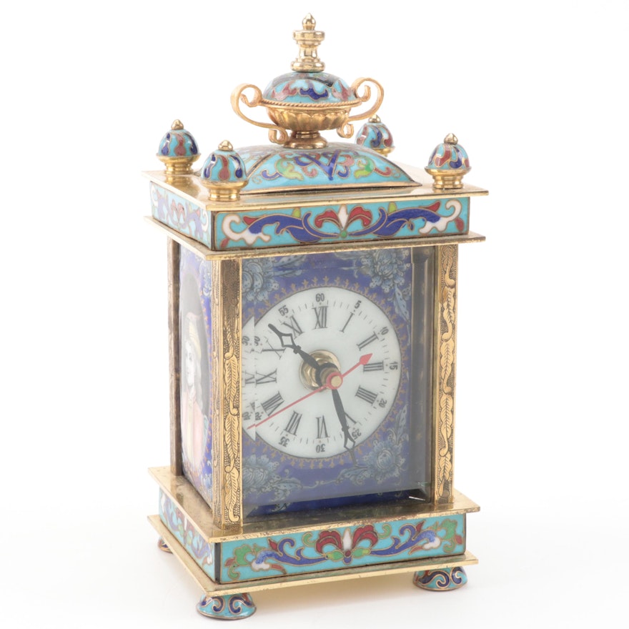 Chinese Cloisonné Brass and Enamel Clock, Mid to Late 20th Century