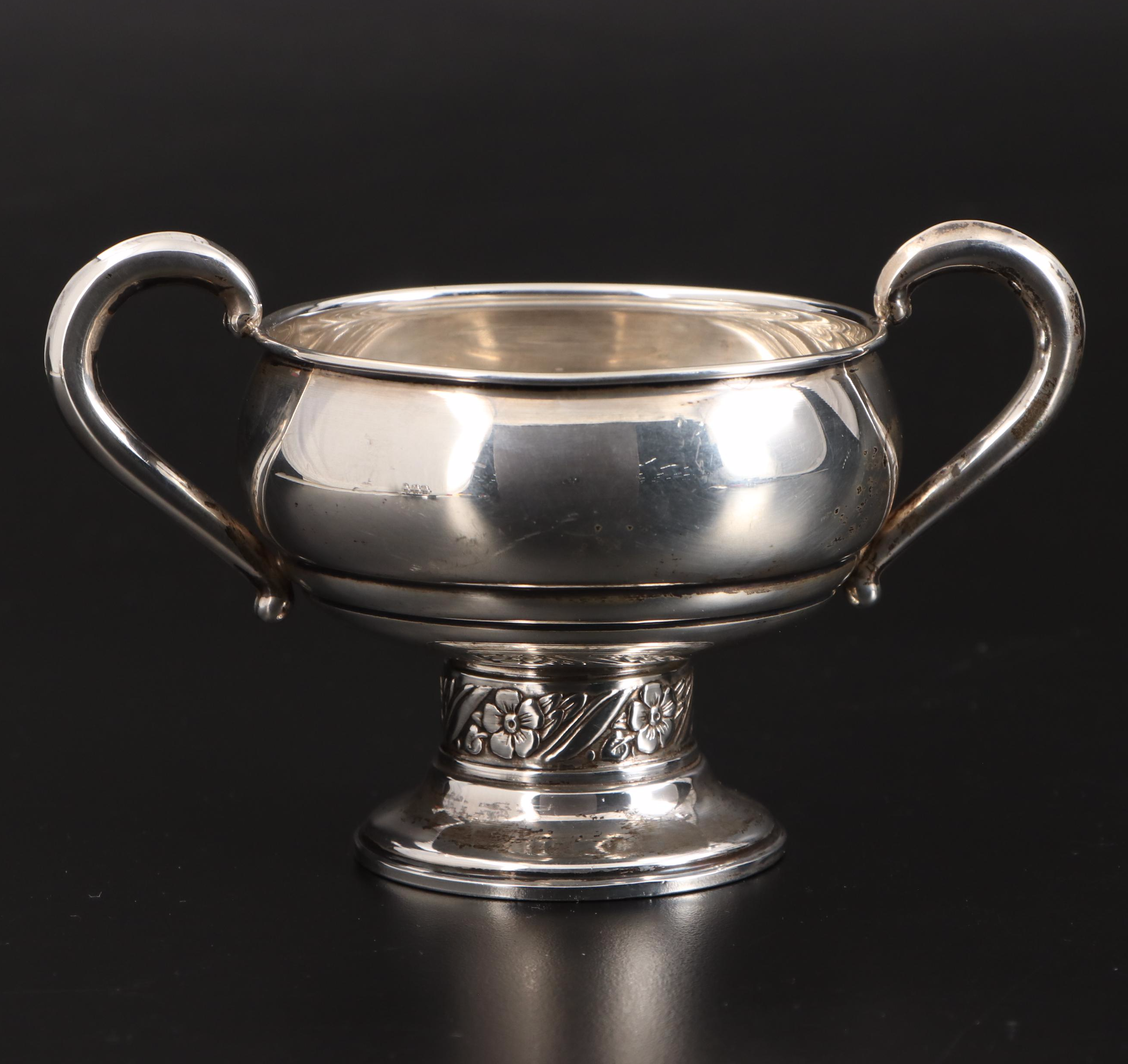 AMC Sterling Silver Creamer and Sugar with Sterling Rimmed Coaster and Shakers