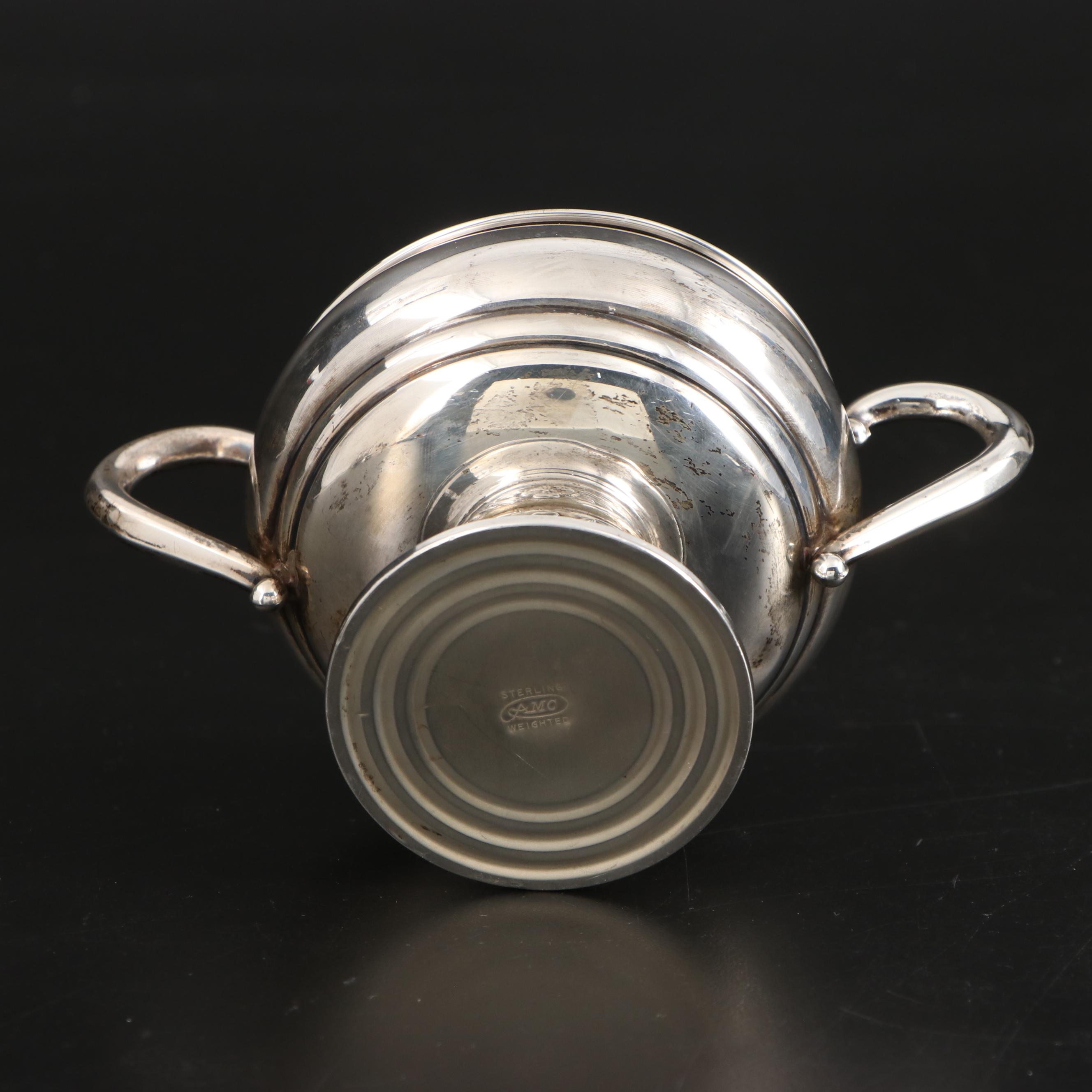 AMC Sterling Silver Creamer and Sugar with Sterling Rimmed Coaster and Shakers